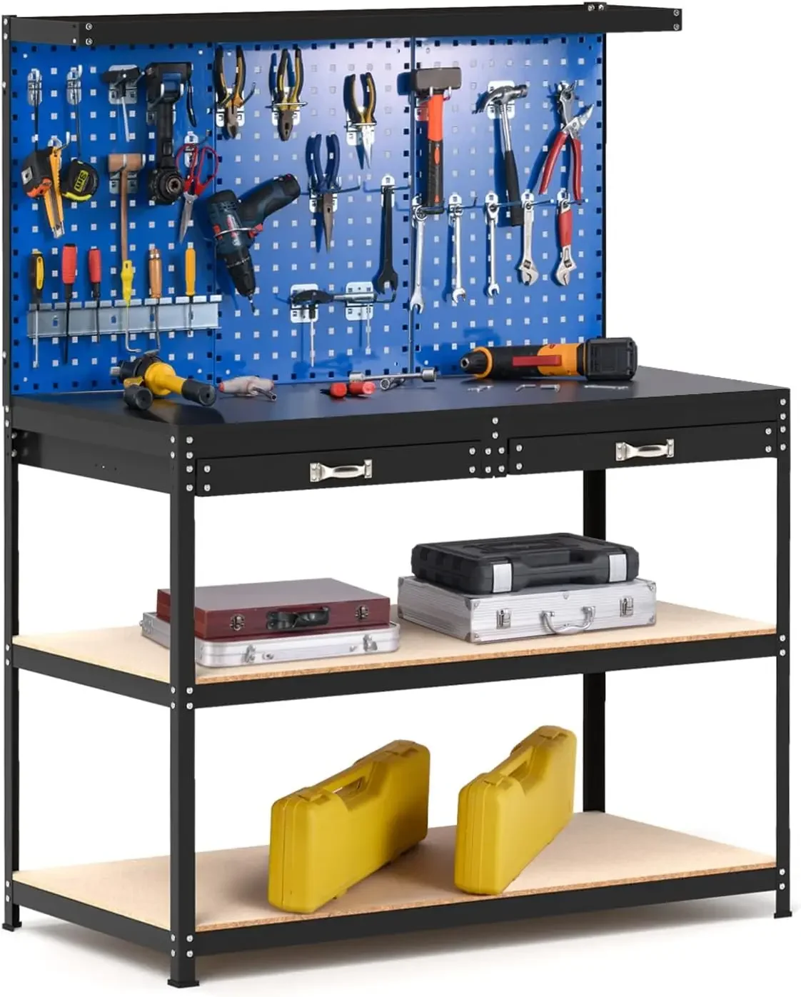 Work Bench with Drawers, 48” Garage Workbench with Pegboard, Heavy Duty Work Table with 24 PCS Hanging Kits, Tool Bench Workstat