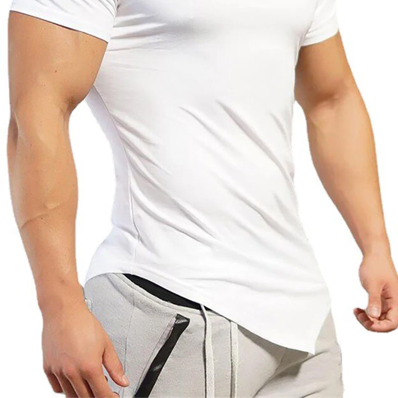 T-shirt de manga curta para homens, feita de algodão, respirável, com decote em v oblíquo, slim fit, fitness, ginásio, musculação, bainha irregular