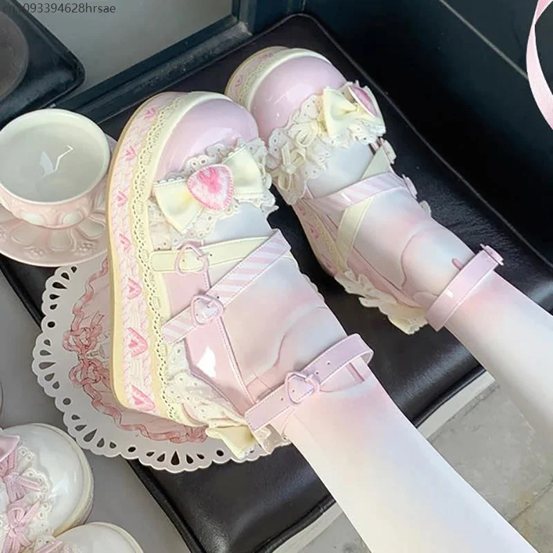 2025 Sweet Girls Lolita Flat Platform,Female Students Lace Strawberry Bowknots Cute Marry Jane Elevator Shoes