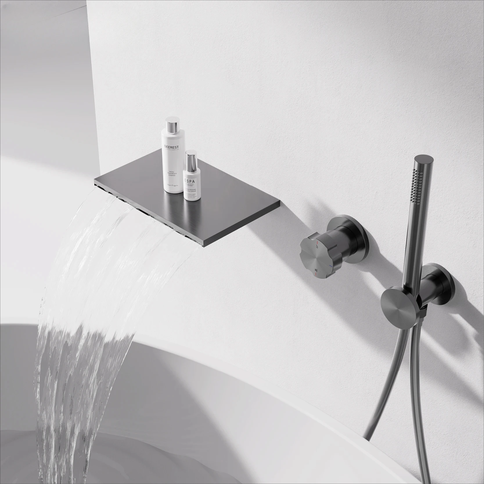 

Minimalist Design Gun Grey Brass Wall-Mounted Concealed Bathtub Faucet，Hotel Grade Waterfall Bath Fixture In-Wall Tub Spout