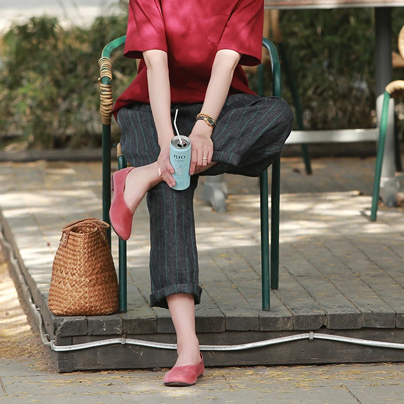 

Muede Original Women's Casual Pants 2024 Summer Color Woven Linen Stripe Elastic Waist Versatile Nine Point Casual Pants