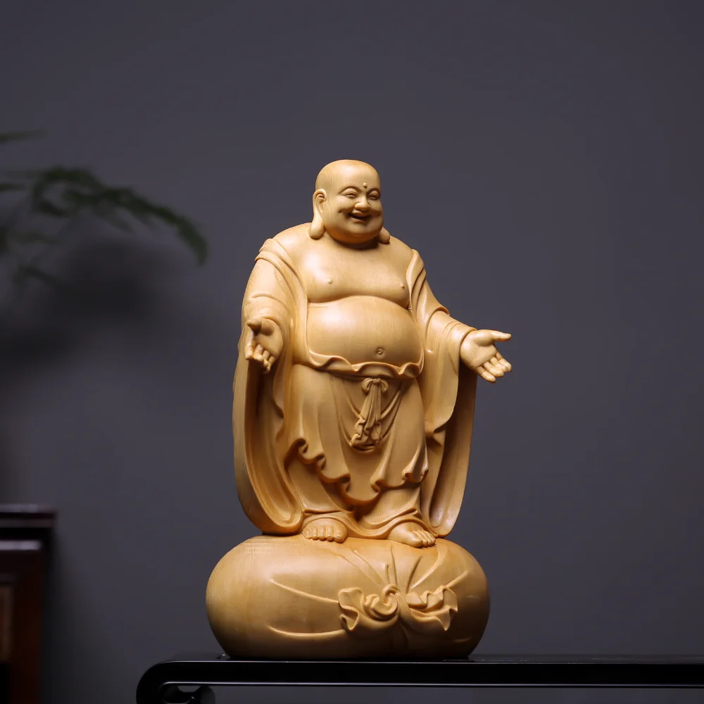 Hinoki Wood Hand Carved Laughing Smiling Buddha Statue - Maitreya Happy Fat Buddha Figurine Ornament Feng Shui Home Office Desk