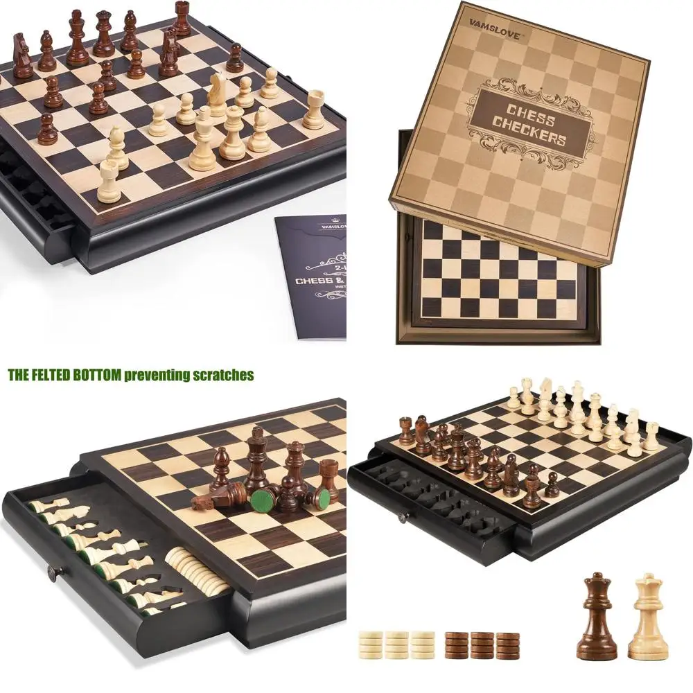 

Large 15.5 Wooden Chess & Checkers Set with Storage, Weighted Pieces, 2 Extra Queens, Ideal Gift for Special Occasions - Black
