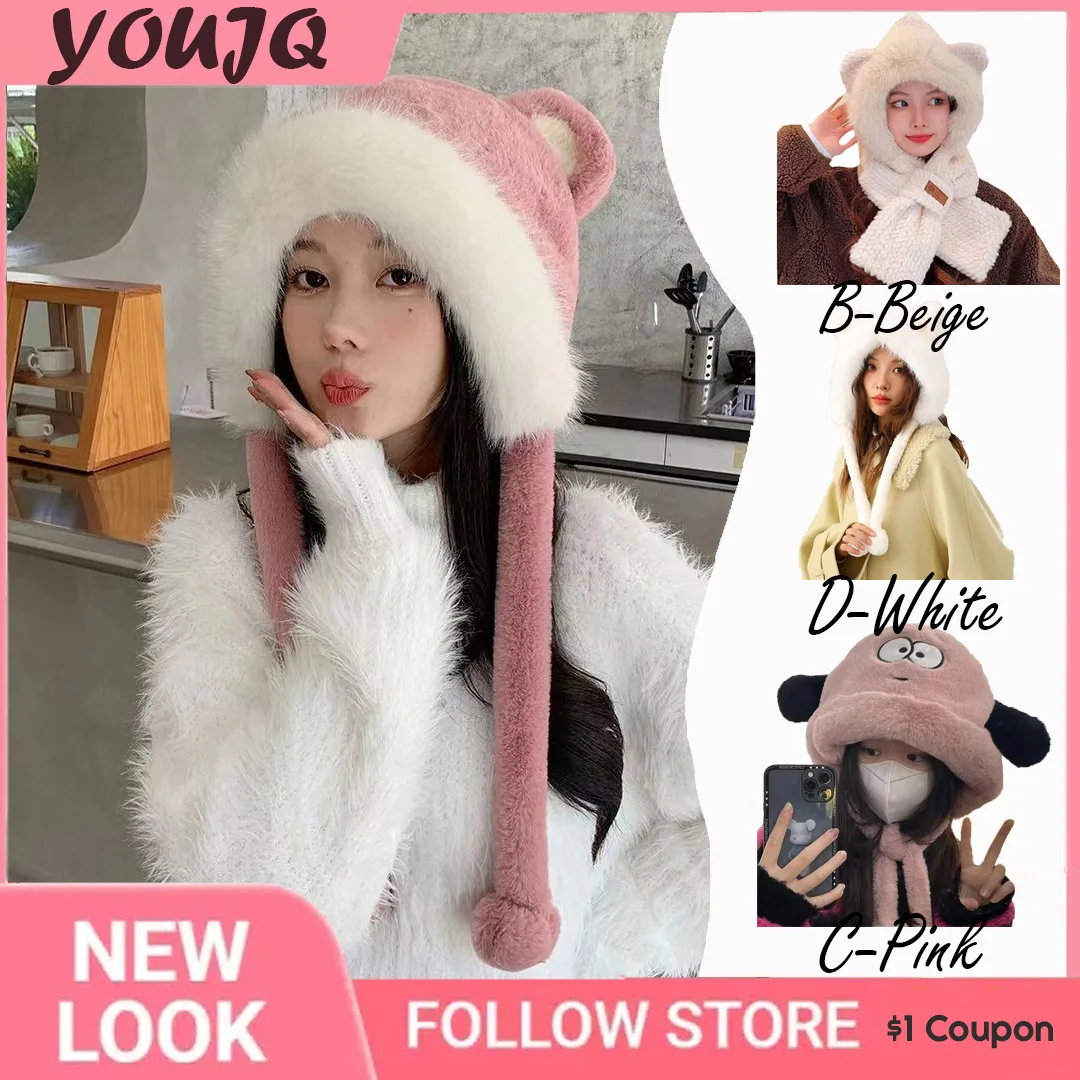 Winter Cartoon Plush Hat Outdoor Cycling Ear Protection Bomber Hats Thickened Warm Fleece Girls Hat Women's Warmth Essentials