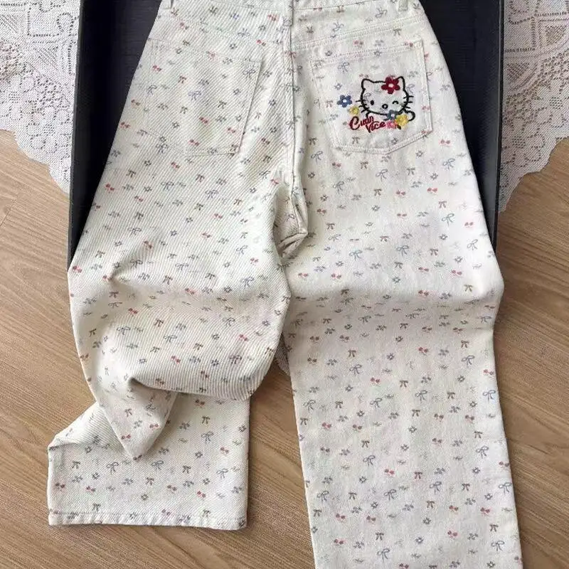 

Korean Cartoon Youth Bow Floral Jeans Spring and Summer New Fashion Women's Wide Leg Pants Sweet Student Straight Leg Pantss