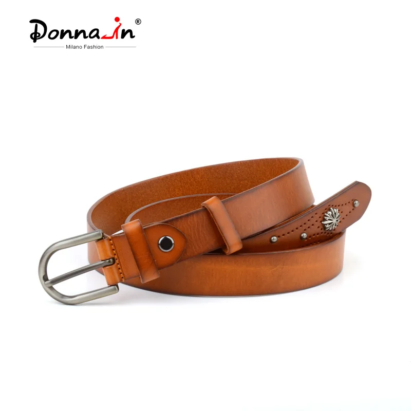 Donna-in Cow Leather Women Belt Retro Metal Buckle Vintage Rivet Embroider Decoration Jeans Female Trendy Style