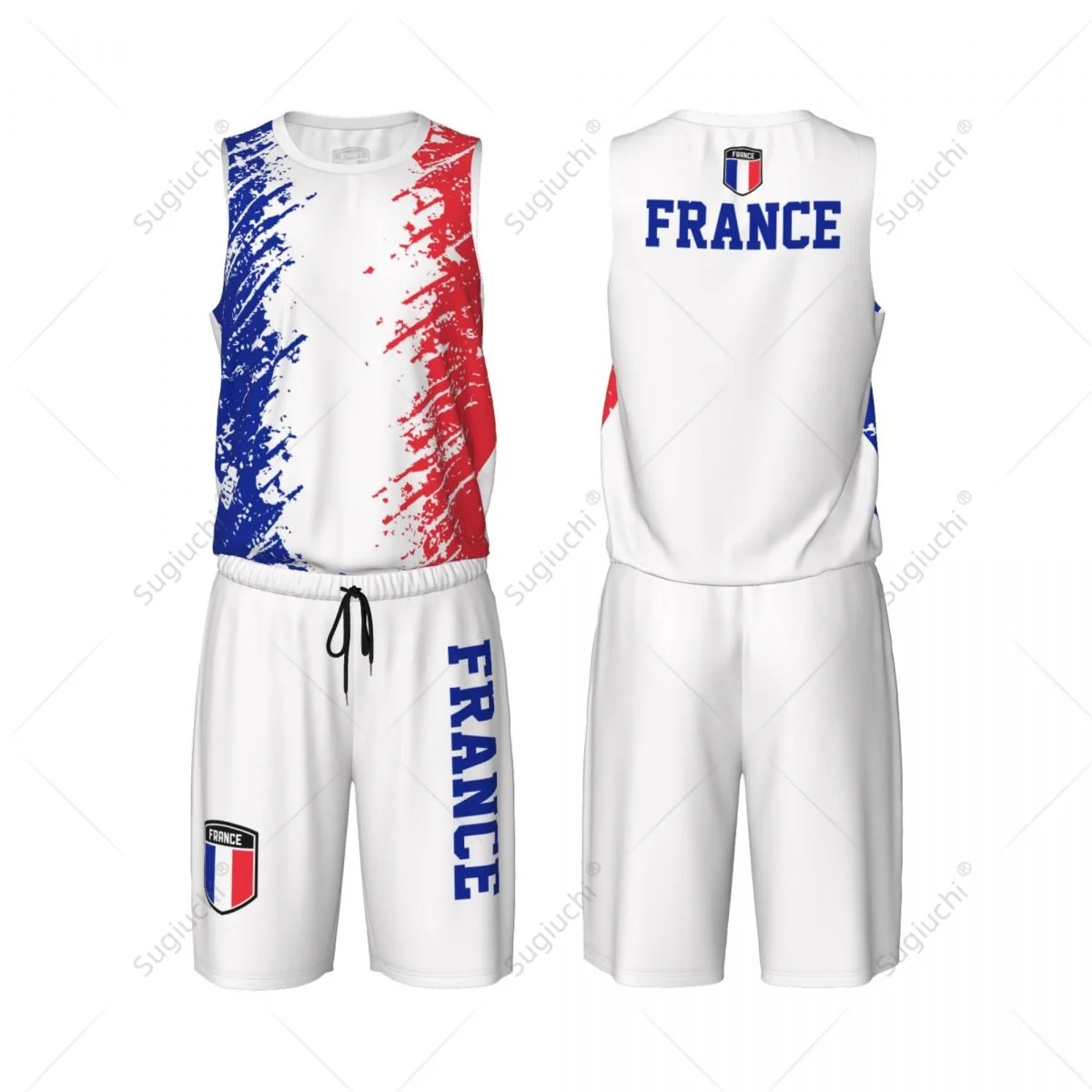 

Team-up France Flag Grain Men Basketball Jersey Set Shirt & Pants Sleeveless Custom Name Nunber Exclusive