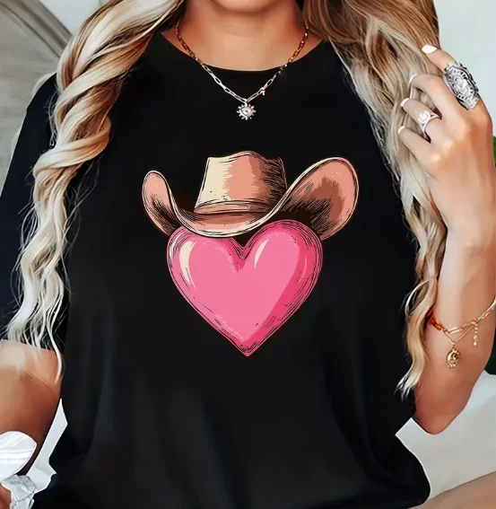 Western Denim Style T-shirt Casual Round Neck Medium Stretch Short Sleeved Regular Length Heart-shaped Print Women's Summer Top