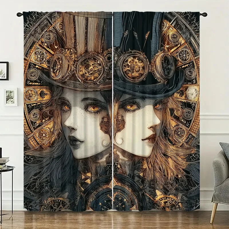 Mechanical gear retro clock Print Drapes Room Darkening Window Curtains for Home Decor,Rod Pocket Blackout Curtains Bedroom