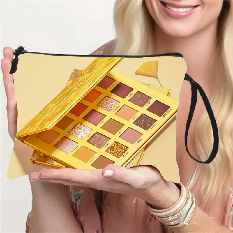 Fashionable Apricot-Toned Eyeshadow Palette Themed Wristlet Toiletry Bag, Large Capacity Makeup Organizer Pouch for Cosmetic Too