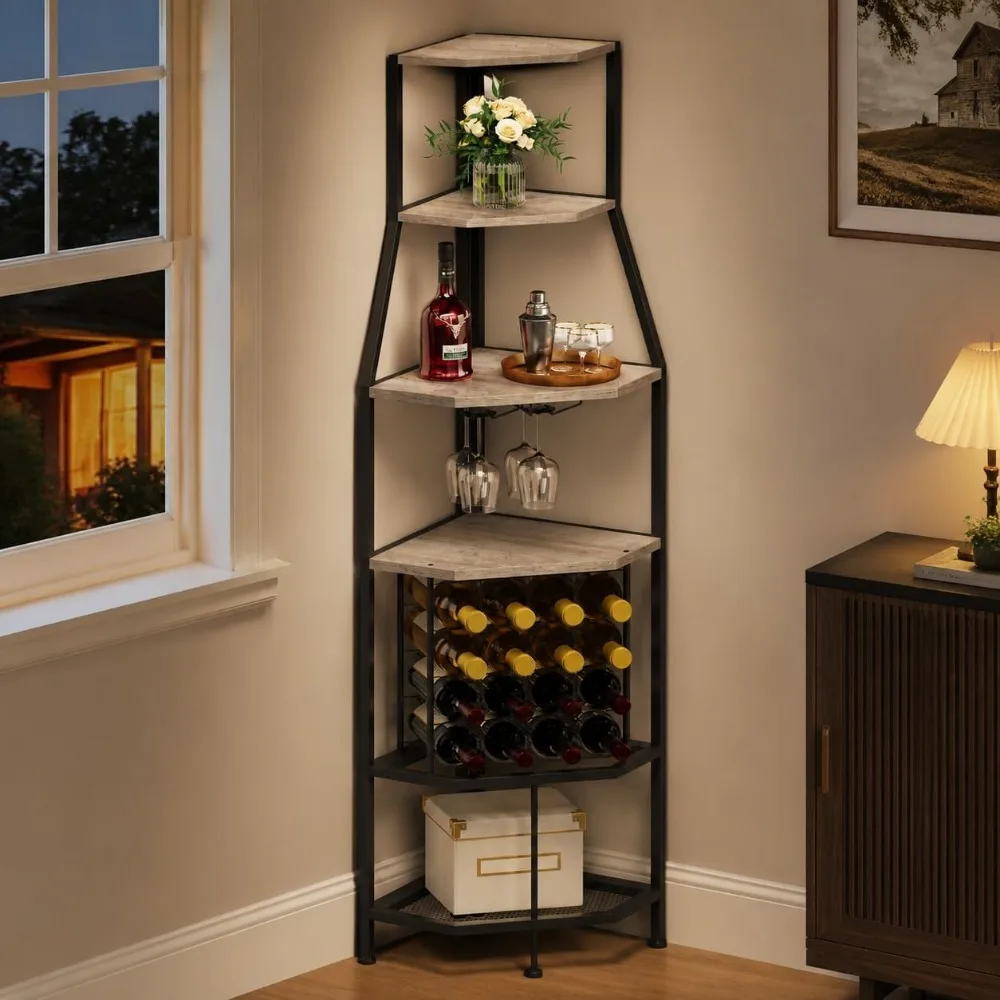5-Tier Corner Wine Rack - Industrial Metal & Wood, Grey, Ideal for Home Bar, Kitchen & Dining