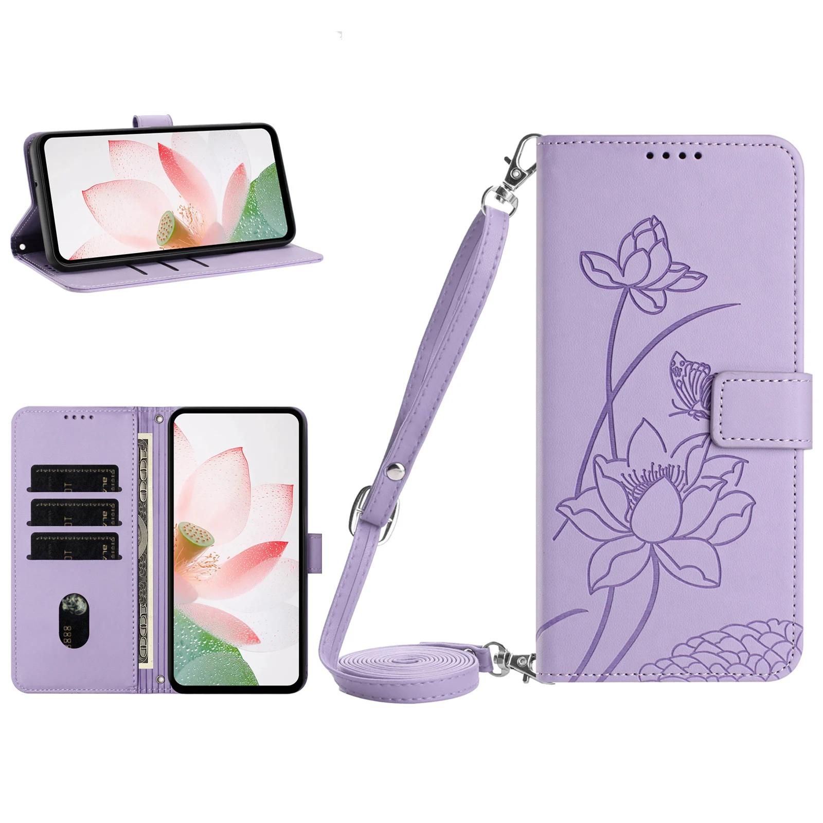 Étui portefeuille en cuir gaufré Lotus avec long cordon bandoulière et fentes pour cartes pour Google Pixel 11 Pro XL 10 Pro 9A 9 8 8A 7A