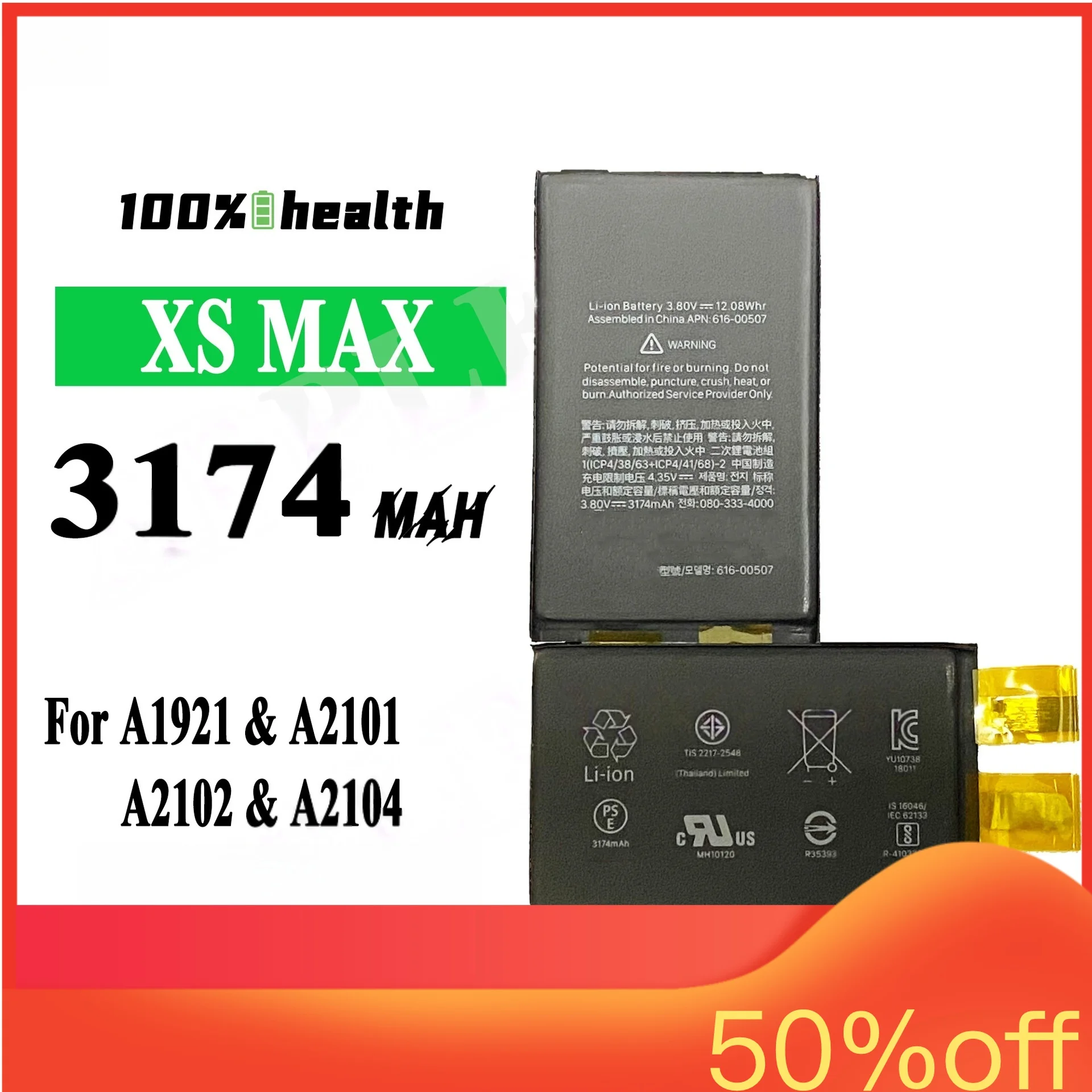 For Iphone XS Max 3174mAh Mobile Phone Battery for Apple A1921 A2101 A2102 A2104 High-quality 100% Healthy Lithium Battery
