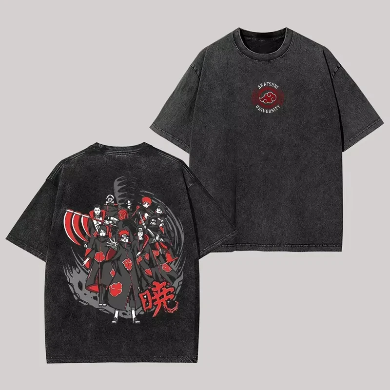 T-shirt en coton Akatsuki University 2026, nouveau, Naruto Manga, style vintage, délavé, rétro, anime, streetwear Harajuku, vêtements graphiques pour hommes