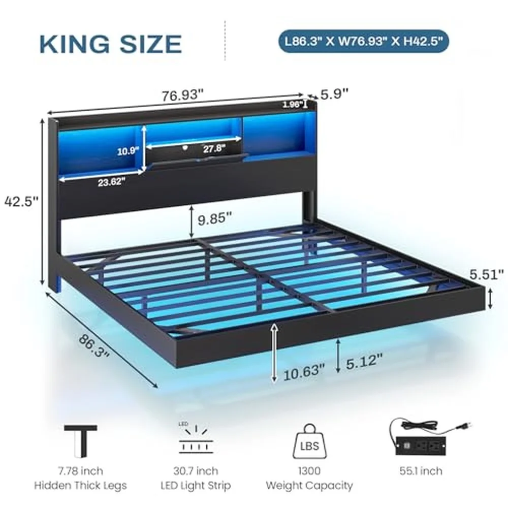 King Floating Bed Frame with LED Lights and Storage Headboard Visual Floating Bed with Charing Station King Size Metal