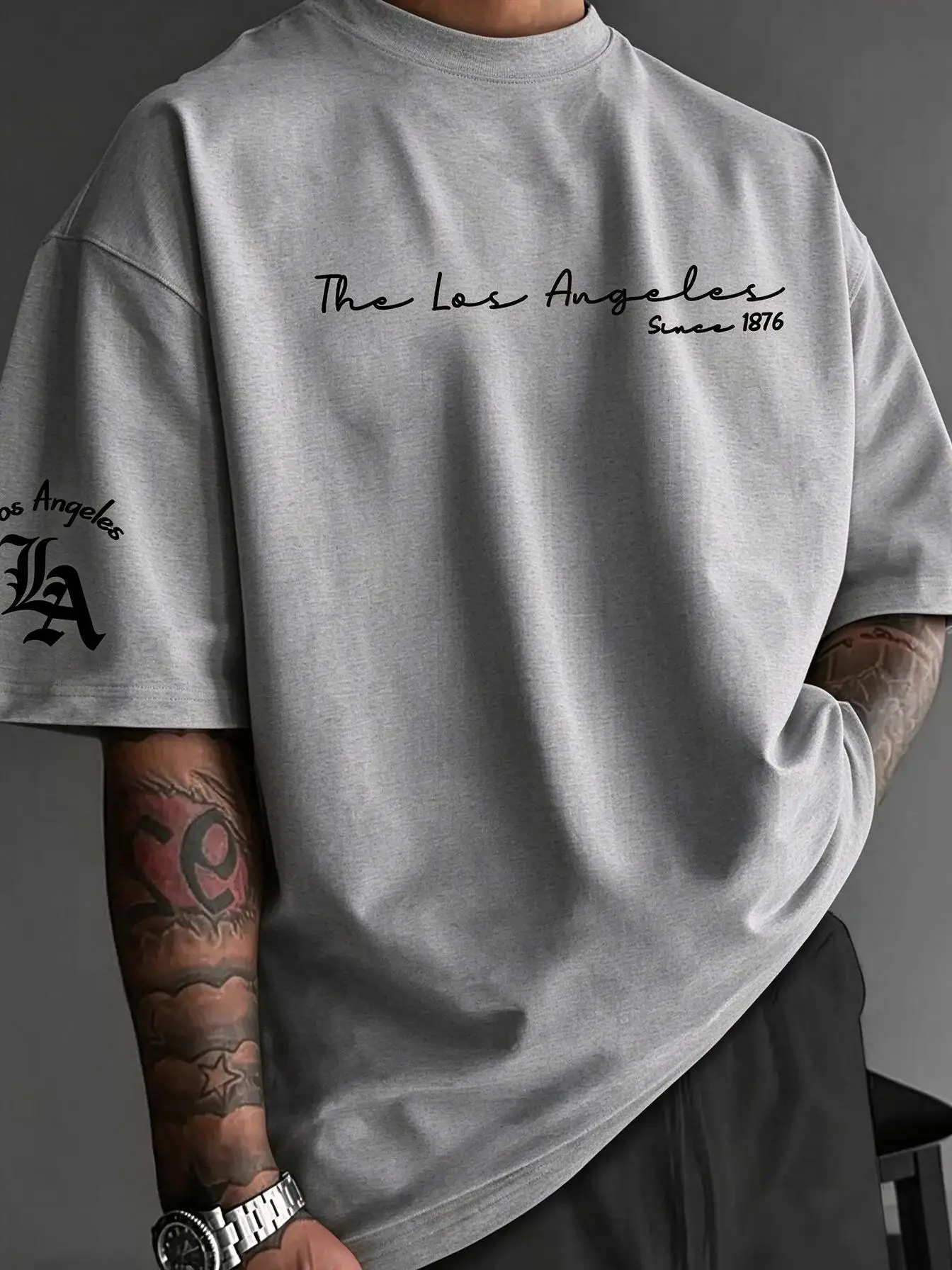 American men's summer retro 1876 Los Angeles letter print micro elastic breathable round neck T-shirt outdoor casual top