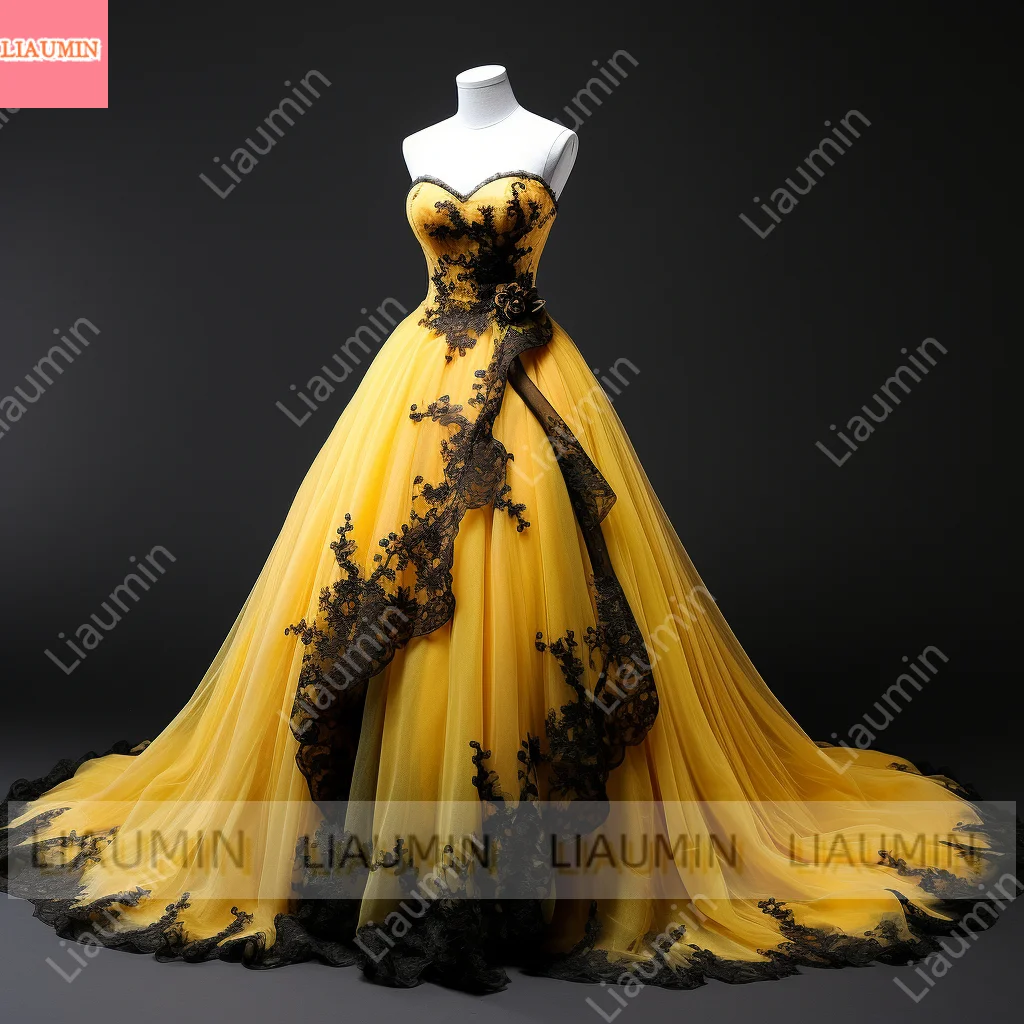 Yellow and Black Lace Applique Tulle Strapless Ball Gown Full Length Evening Formal Party Prom Dress Hand Made Customized W2-11