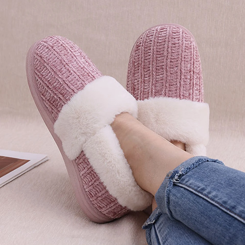 Comwarm Women's Fuzzy House Slippers Winter Soft Memory Foam Furry Slippers Chenille Knit Slipper Fleece Lined Bedroom Slides