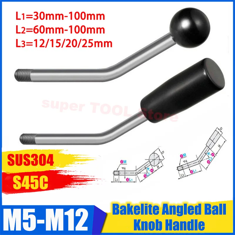 1Pc M5 M6 M8 M10 M12 304 Stainless Steel Threaded Offset Bent Lever Angled Bakelite Ball Knob Handle For Machine Tool