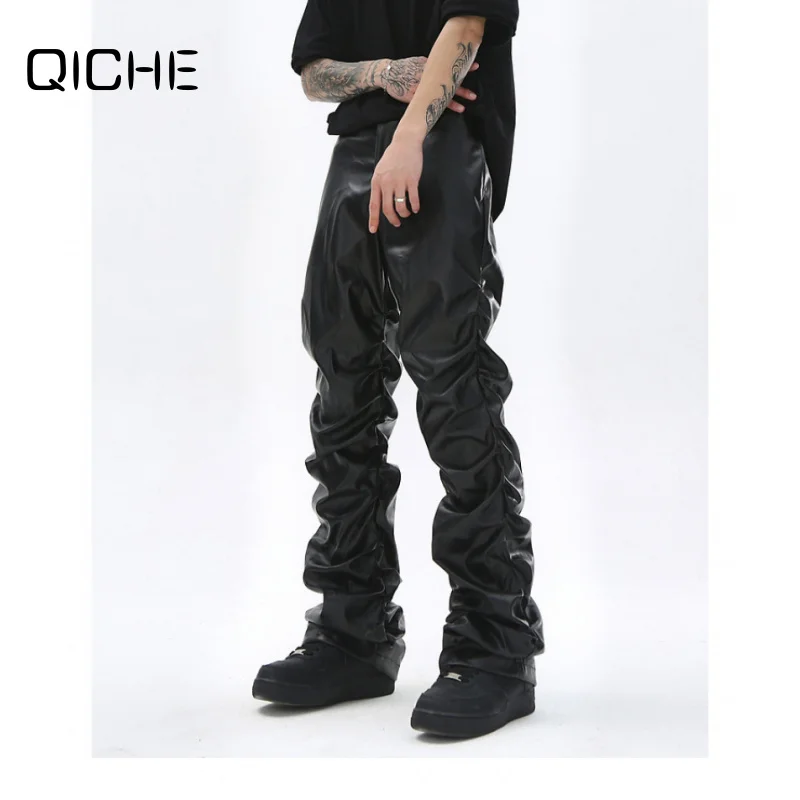 QICHE Men StackedWrinkled PU FauxLeather Pants HiphopVibe For StreetHangout Shooting SpringAutumn Youth Casual Occasions