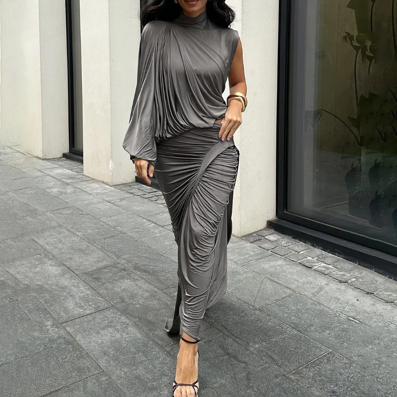 

Tornova One-Shoulder Sleeve Top Hip-Hugging Wrinkles Skirt Women's Suits Elegant Turtleneck Tops Slim Skirt Splicing Set Female