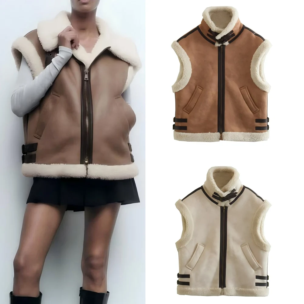 

Women's new fashion loose side pocket casual warm suede Leather vest Coat retro sleeveless zipper women's vest chic top