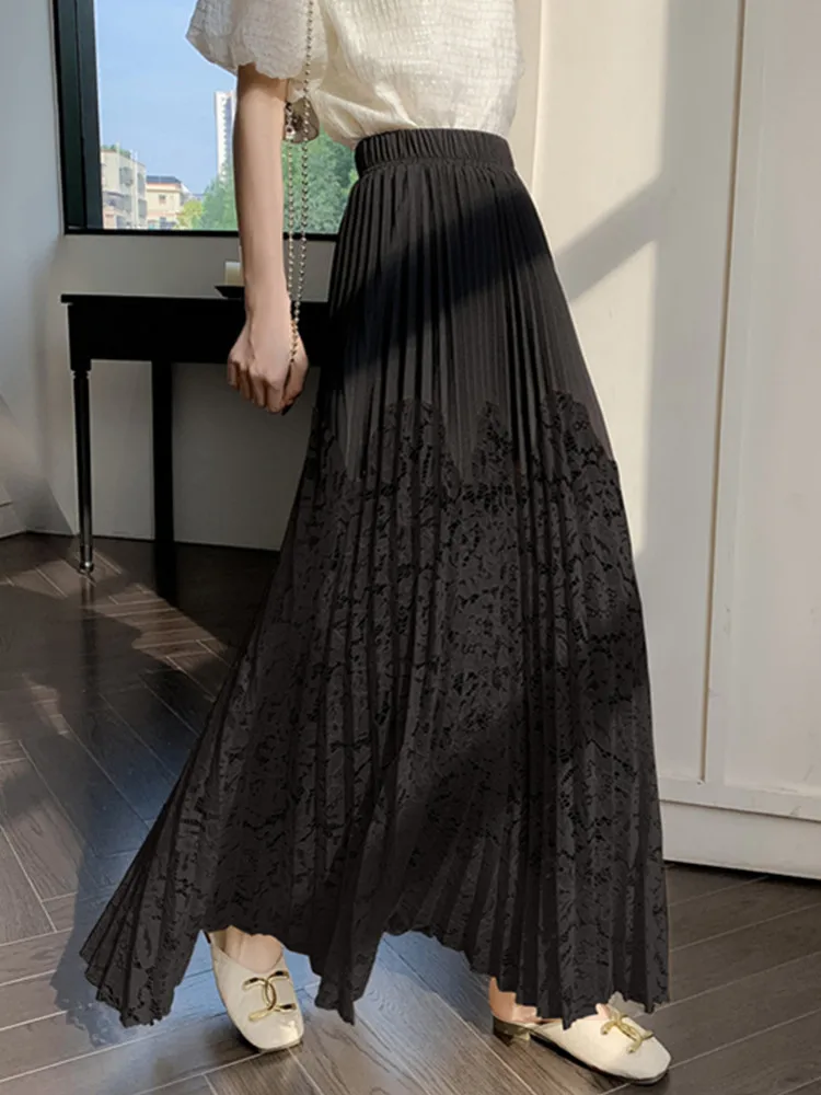 SMTHMA High-Quality Women A-Line Elastic High Waist Lace Patchwork Pleated Skirt 2024 Spring Summer Korean Fashion Long Skirt