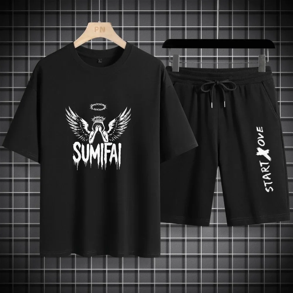 

Men's T-shirt Loose and Casual White Angel Printed Sports Two-piece Suit + 2025 Men's Summer Fashion Sports T-shirt