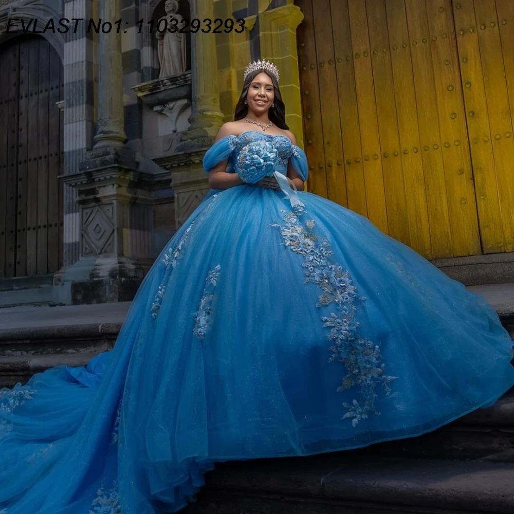 

EVLAST Customized Mexican Sky Blue Quinceanera Dress Ball Gown Floral Applique Beading Sweet 16 Vestidos De 15 Anos E1QN521