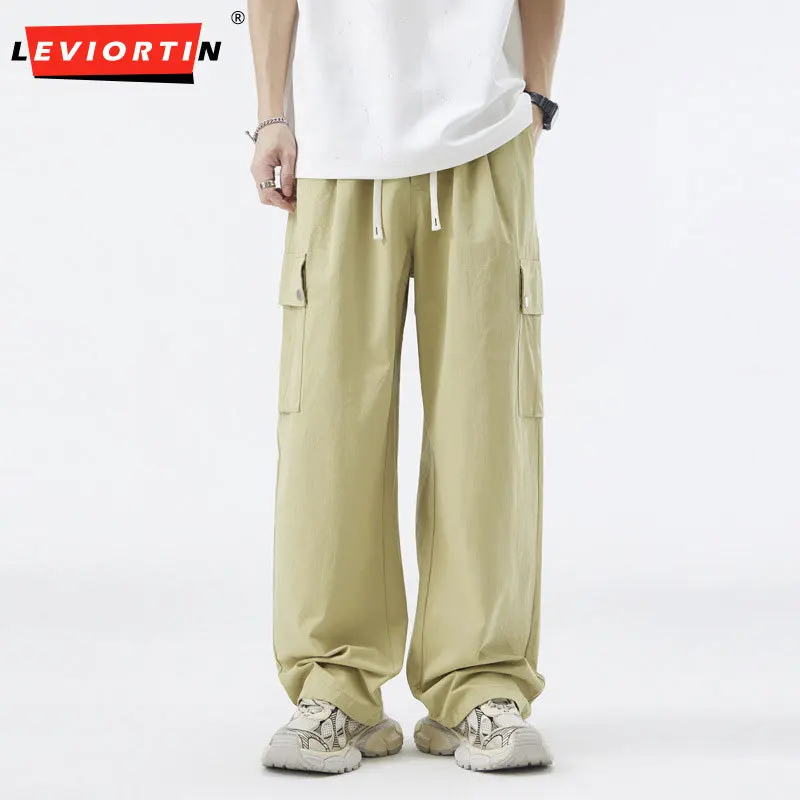 Winter men's American casual pants trend simple and loose wide leg pocket design with drawstring and fleece youth work pants