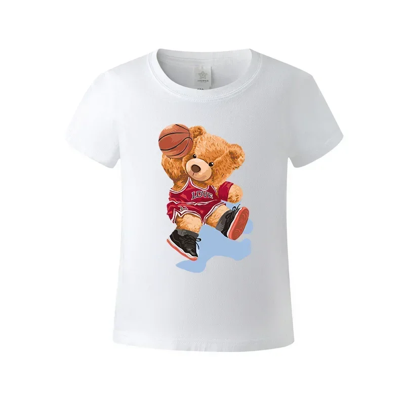 Children's Modal crew neck short sleeve T-shirt Basketball teddy bear print boys clothes  clothes