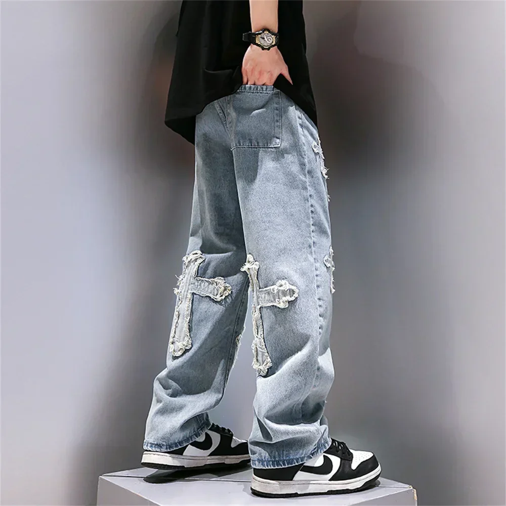 

High Street Jeans Men Cross Graphic Baggy Denim Pants Unisex Young Streetwear Blue Loose Punk Casual Fashion Y2k Trousers Summer