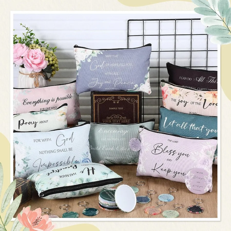 60 piezas Regalos cristianos para mujeres Regalos religiosos incluyen 20 bolsas de maquillaje de lona 20 versículo de la Biblia Mini espejo 20 Bibl inspirador