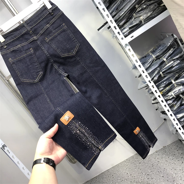 

Navy Blue Ankle-length Jeans for Women 2022 New Autumn Spilt Hot Drilling High Waist Straight Pants Stretch Slim Denim Trousers