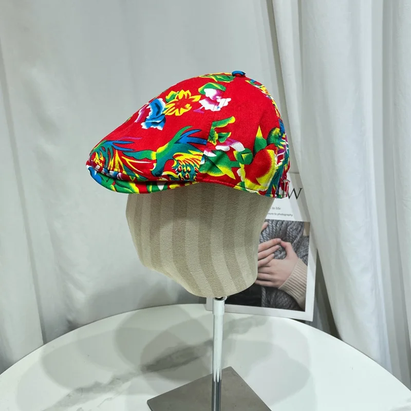 2024 New Northeast Big Flower Cloth Beret Hat for Men and Women Spring and Summer Retro Printing Forward Hats Trend Peaked Cap