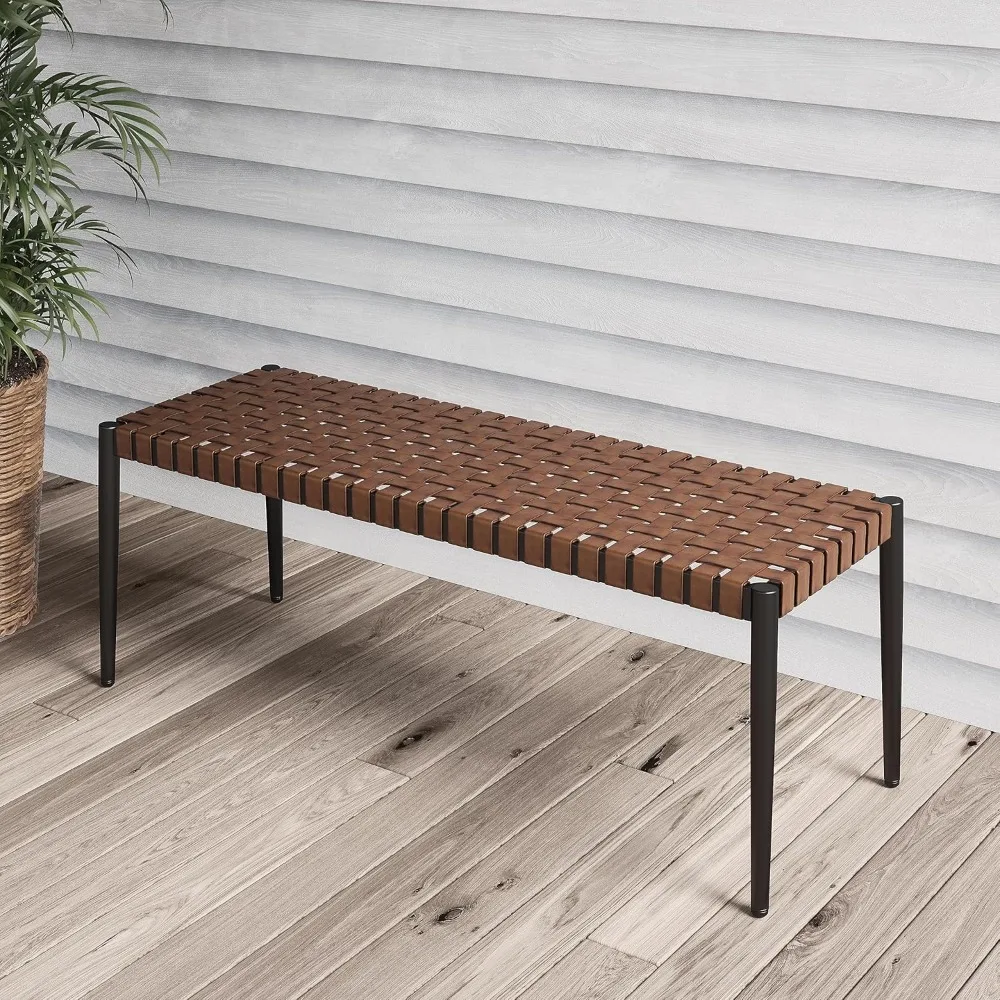 

Grand patio Bench, 2-Seat Leather-Look Wicker Bench with Tapered Legs, Outdoor Bench for Small Front Porch Entryway