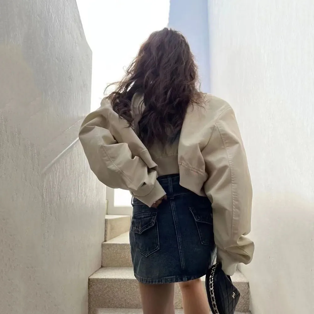 Korean Style Vintage Cropped Bomber Jackets For Women\'s Streetwear Short Coat Oversize Harajuku Fashion Zipper Aesthetic Outwear
