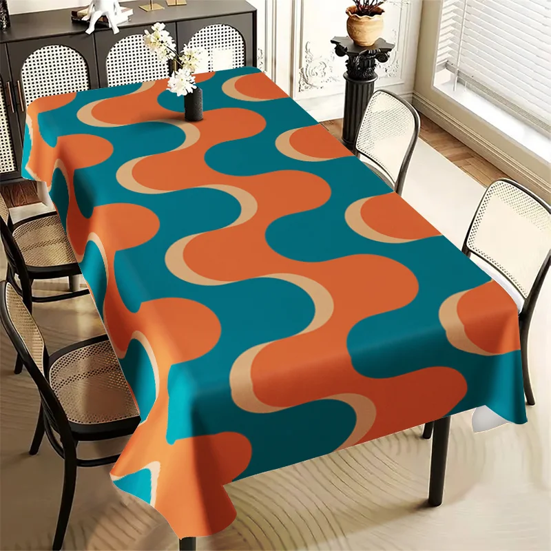 Retro Pop Style Rectangular Tablecloth, Dynamic Wave Pattern Polyester Tablecloth