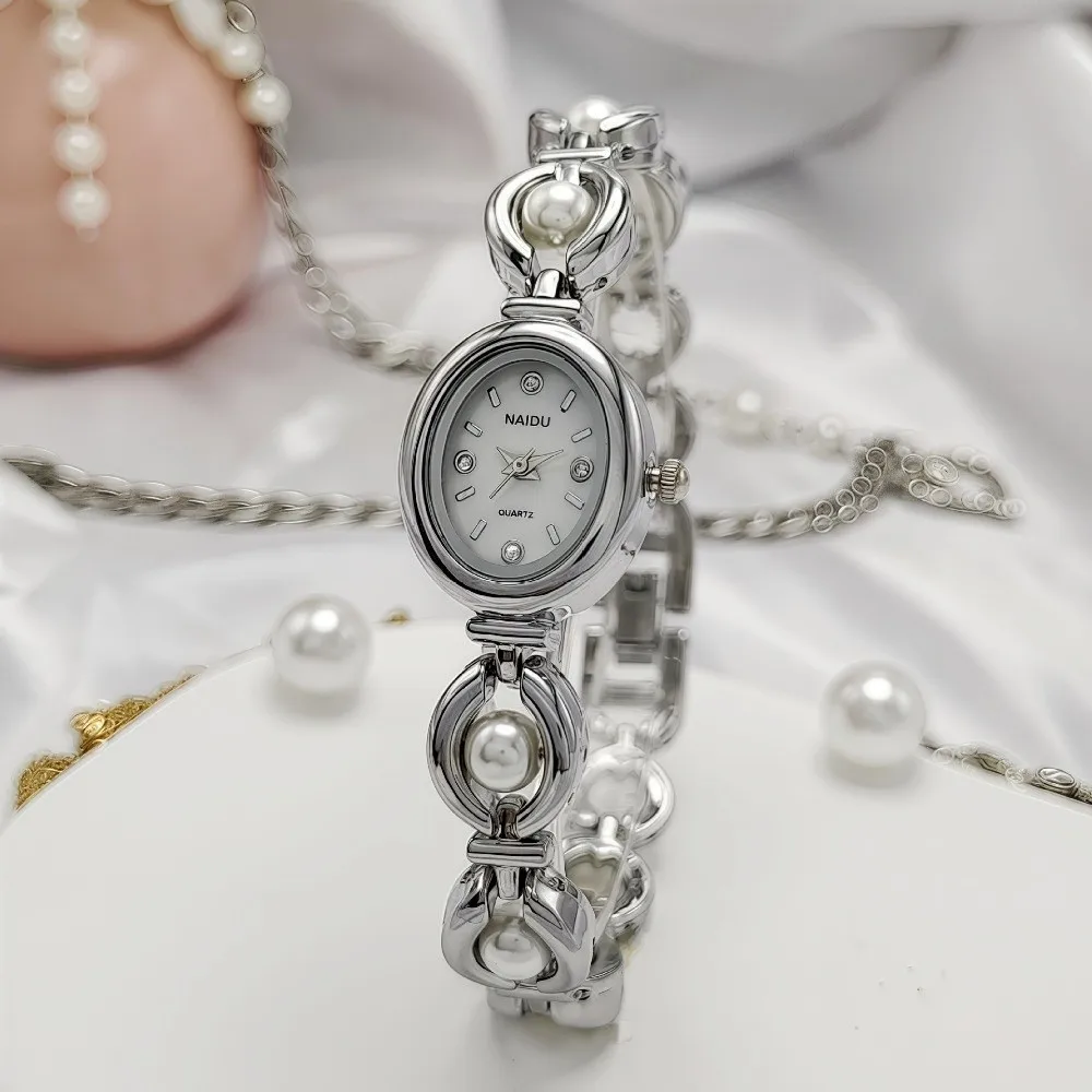 Vintage Oval Dial Women's Watch Analog Display Small Wristwatch Pearl Decoration Bracelet Watch Daily Wear