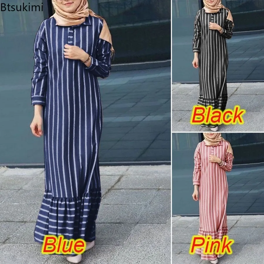 

2025 New Women Fashion Loose clothing Turn-down Collar Long Sleeve Muslim casual Dress Vintage Streak Ruffle Hem Sundress Robe