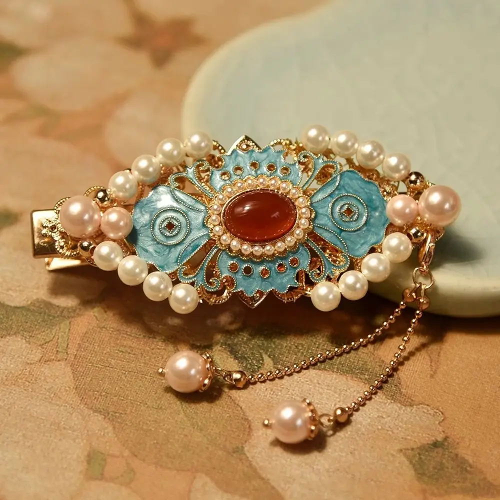 

Tassel Daily Hair Accessory, Original Handmade Hairpin with Beads and Pearls, Imitation Burnt Blue Oil Drip, Vintage Style Duckbill Clip