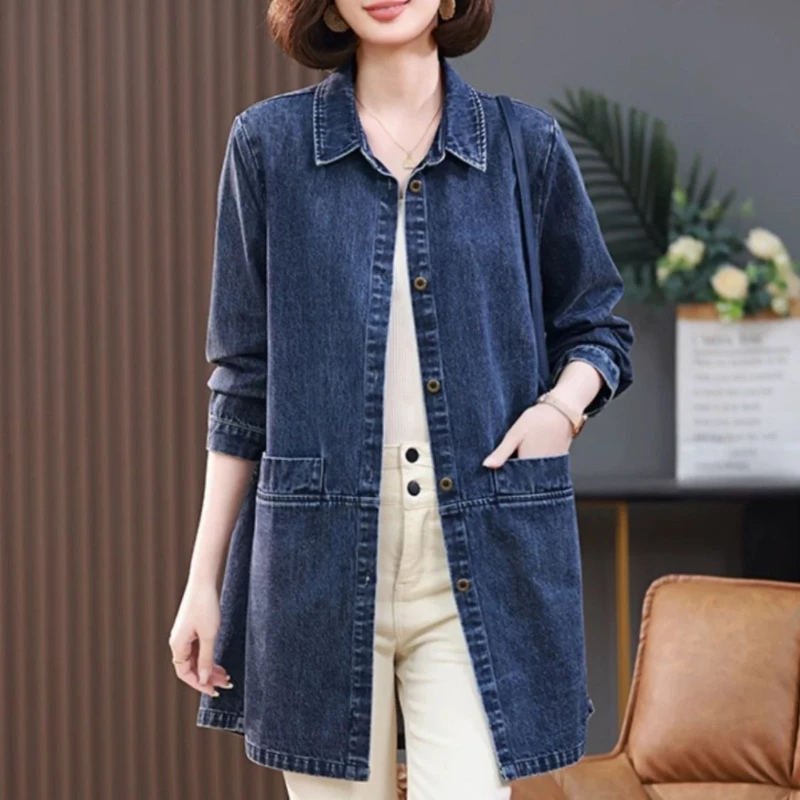 

2025 Spring/Autumn Women's Loose Fit Denim Jacket - Korean Style Long Mid-Length Casual Denim Shirt, Fashionable & Versatile
