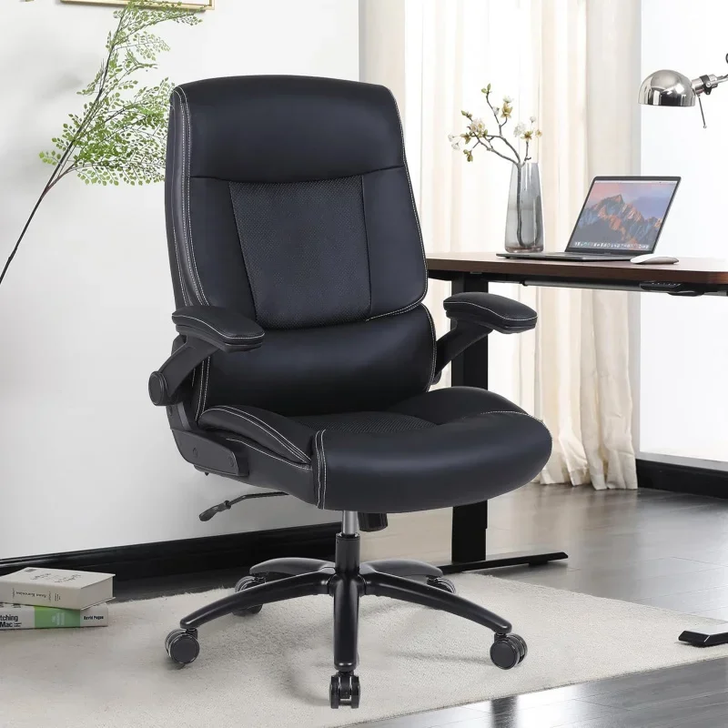 Big and Tall Office Chair, 500LBS Executive Desk Chair with Lumbar Support, PU Leather Ergonomic Computer Chair with Flip-up Arm