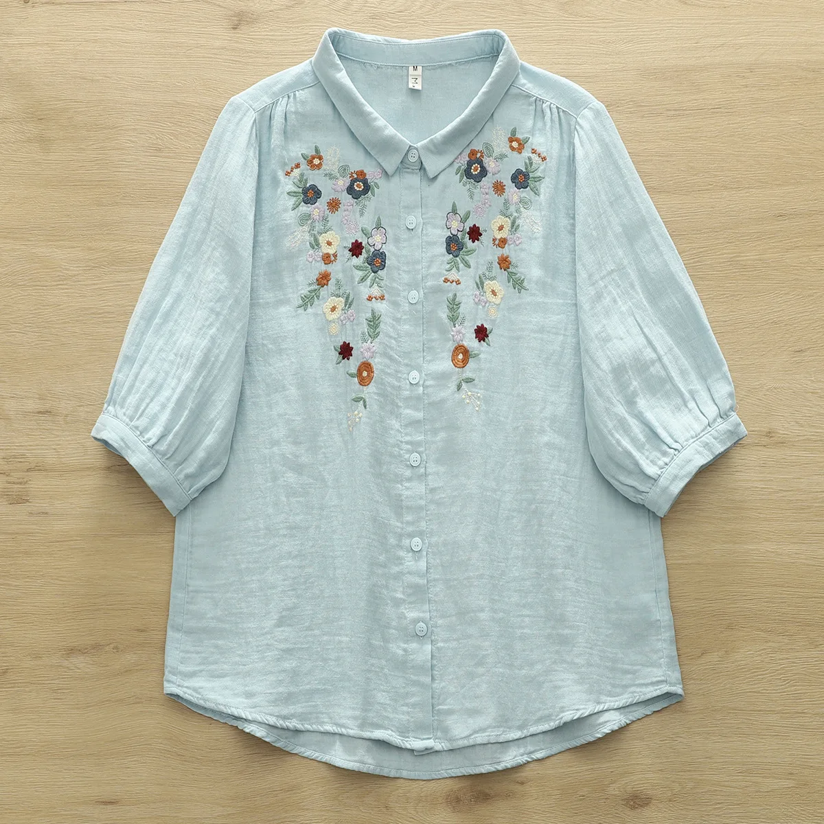Nieuw zomershirt van katoengaren met 3/4 mouwen, dames revers bloemenborduurwerk, Mori Girl zachte OL delicate losse blouse T54359CC