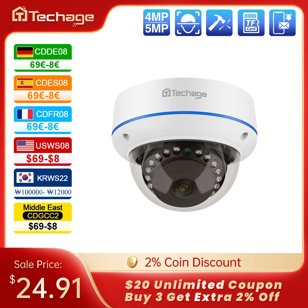 

Techage HD 4MP 5MP POE IP Camera Indoor Vandalproof Dome Camera For Surveillance Kit Two-way Conversation Night Vision Onvif