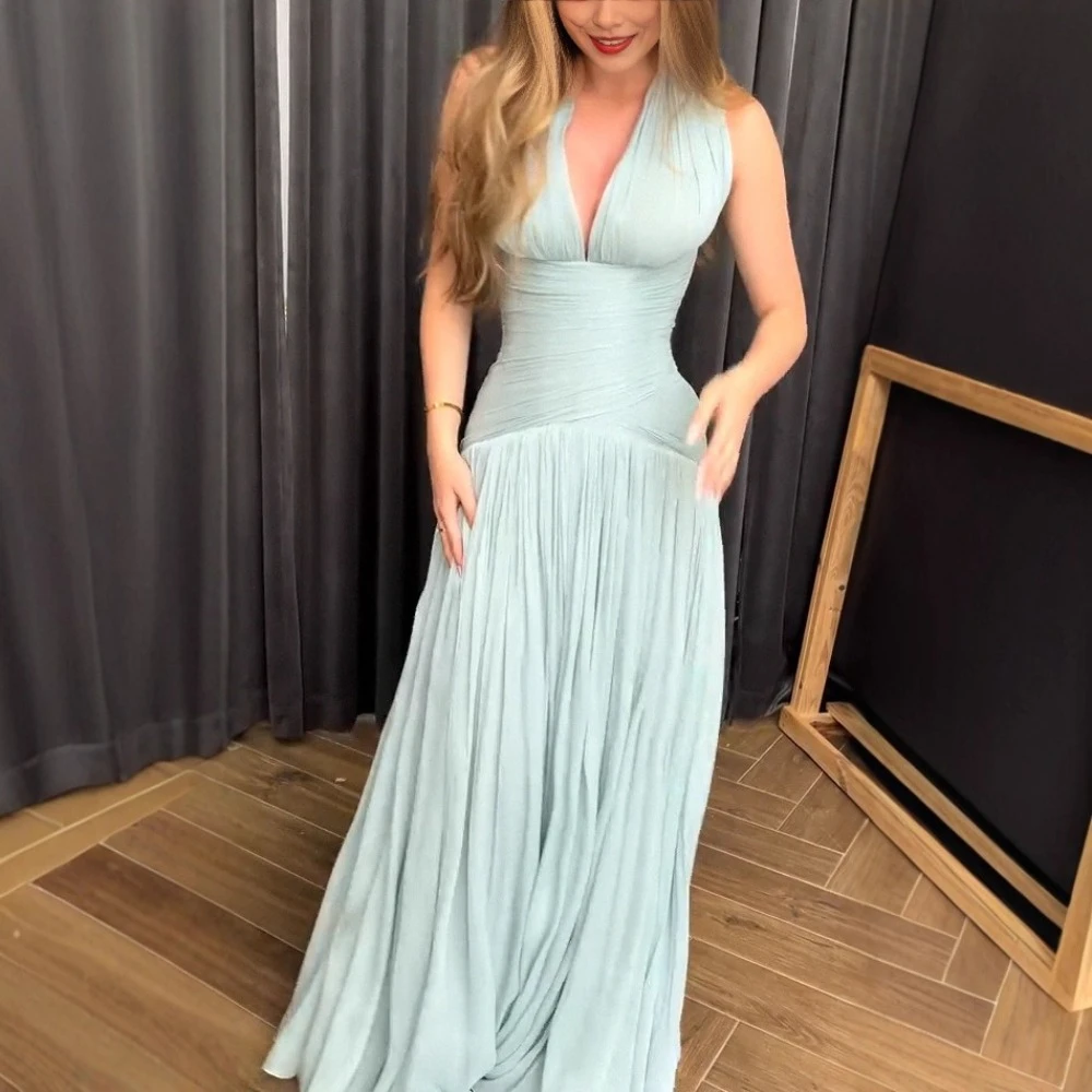 VGH Sexy Patchwork Rückenfreies Kleid für Frauen Neckholder Ärmellos Gespleißt Falten Hohe Taille Schlank Design Maxi Kleider Weibliche Neue