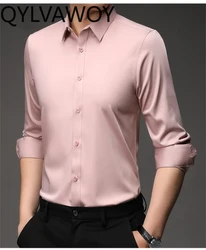 QYLVAWOY Mulberry Silk Mens Shirt Spring Clothes 24 Business Casual Tops Long Sleeve White Shirts for Men Camisa Masculina
