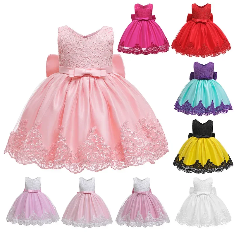 

New Style Summer Little Girls Princess Sleeveless Long Lace Back Big Bow Puff Party Dress Costume