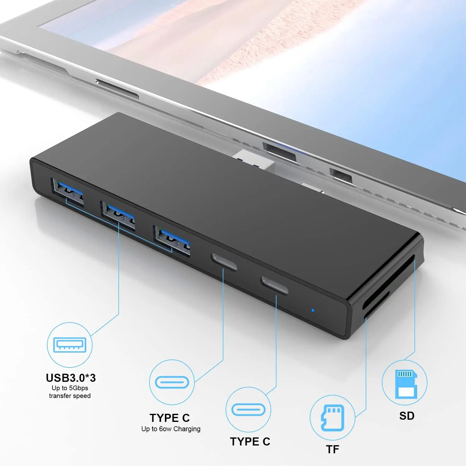 Surface Pro 7 Docking Station with USB-C 3.0 Charging PD 60W, SD/TF Slot, Hub Adapter for Microsoft Surface Pro 7