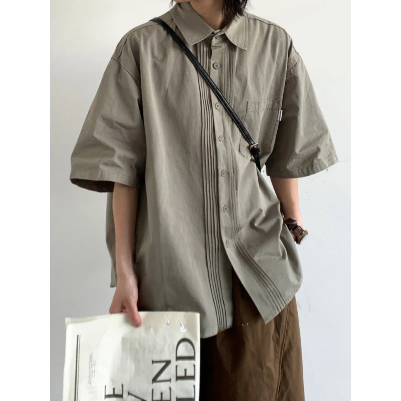 2024 Summer College Casual Set Mens New Simplicity Solid Short Sleeved Shirt+Wide Leg Shorts Suit Japanese Harajuku 2-pcs